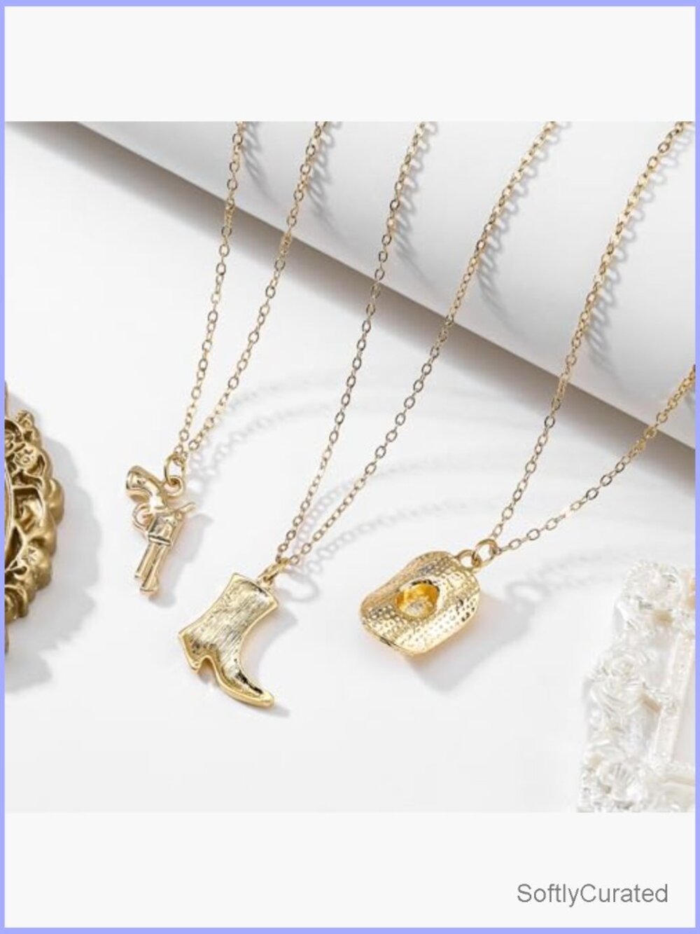 Layered Cowgirl Boot Pistol Pendant Necklace Set 3 Chains - Picture 6 of 7